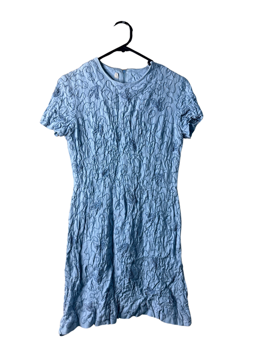 Vintage Light Blue Applique Floral Pattern Short Sleeve Wiggle Knee Length Dress