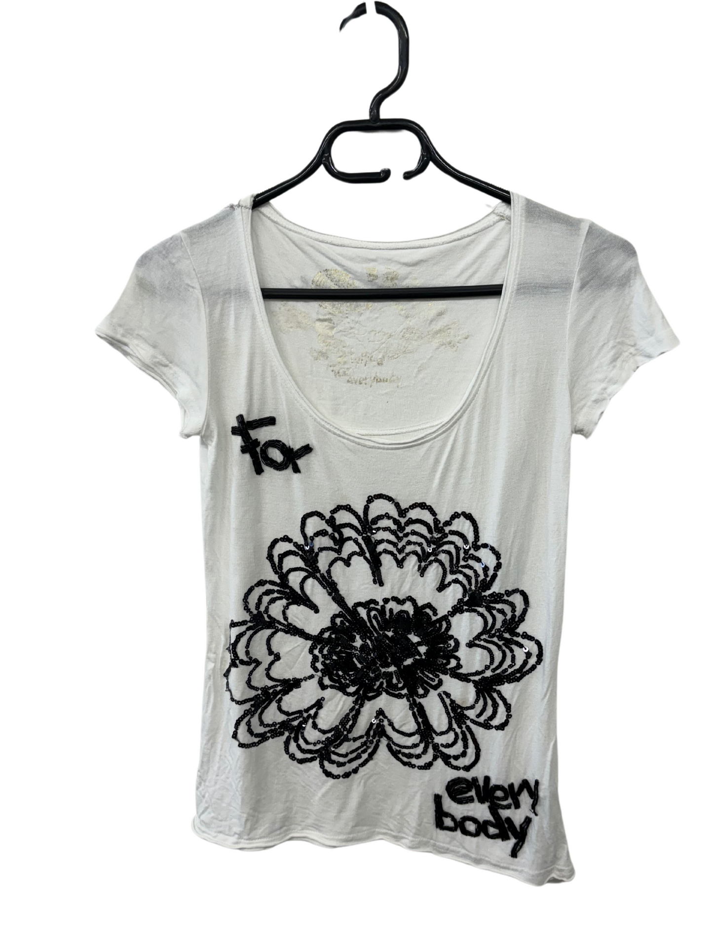 White Short Sleeve Fitted T Shirt with Black Sequin Floral Print