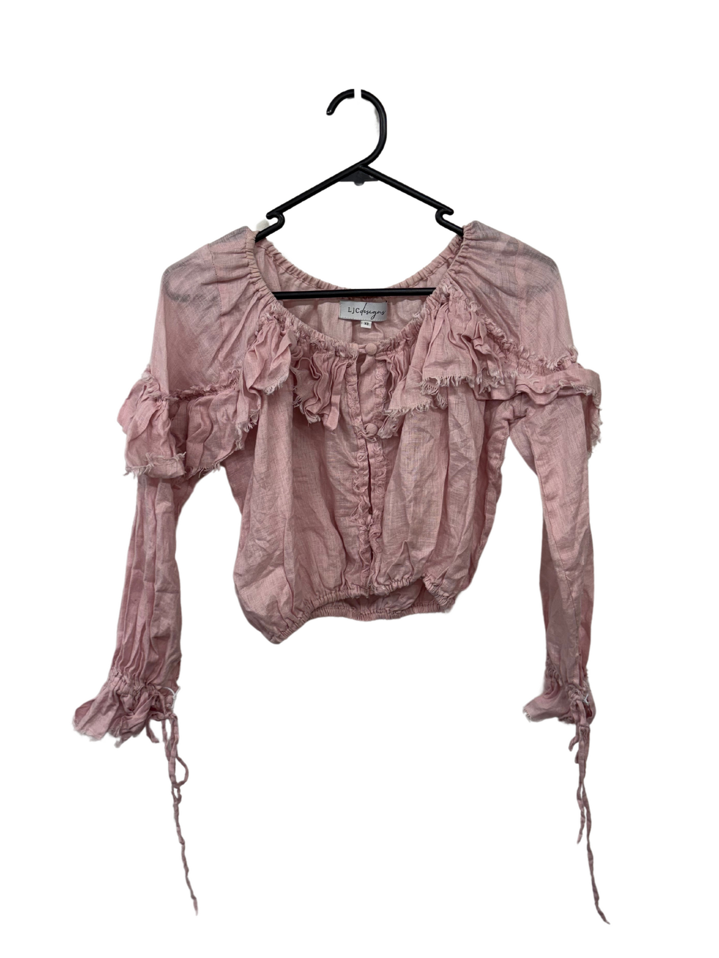 Light Pink Long Sleeve Ruffle Raw Edge Top