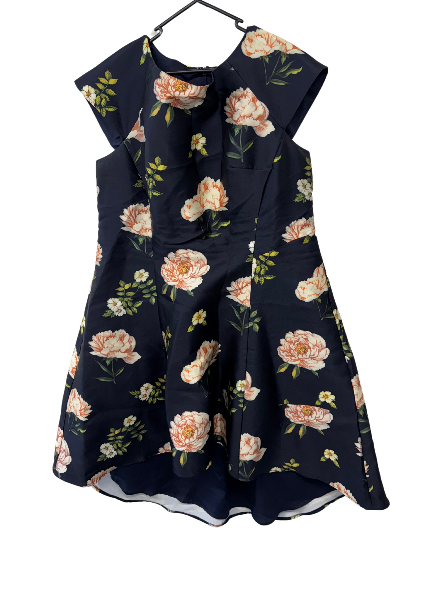 Dark Blue & Cream Floral Print Cap Sleeve Dress