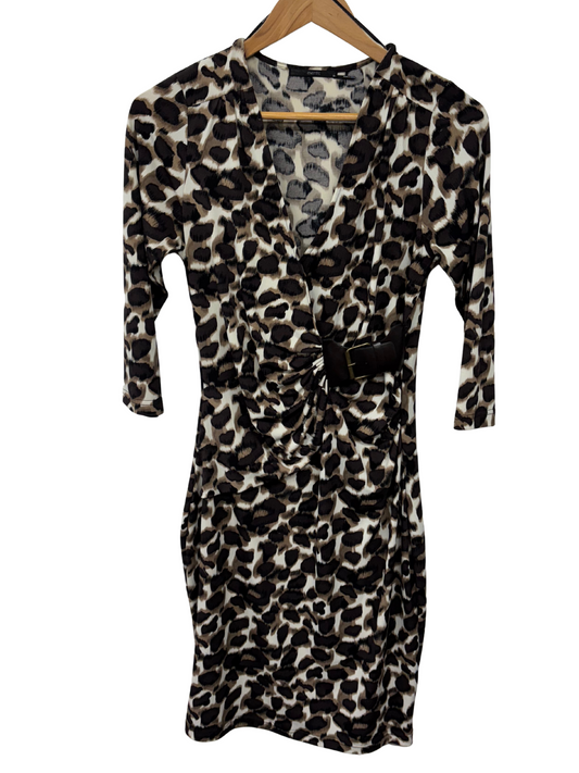 00s Beige & Brown Leopard Print 3/4 Sleeve Ruched Dress with Belt