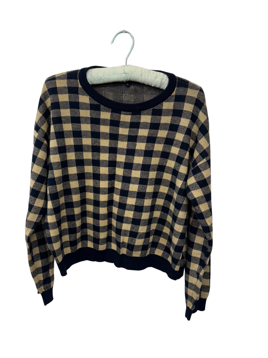 Dark Blue & Cream Check Long Sleeve Knit Jumper