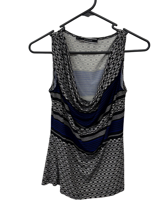 White, Black, Blue Pattern Sleeveless Cowl Neck Top