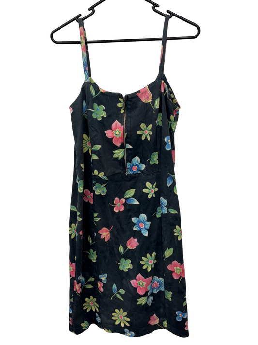 Vintage Black & Multicolour Floral Print Strappy Fitted Below Knee Dress