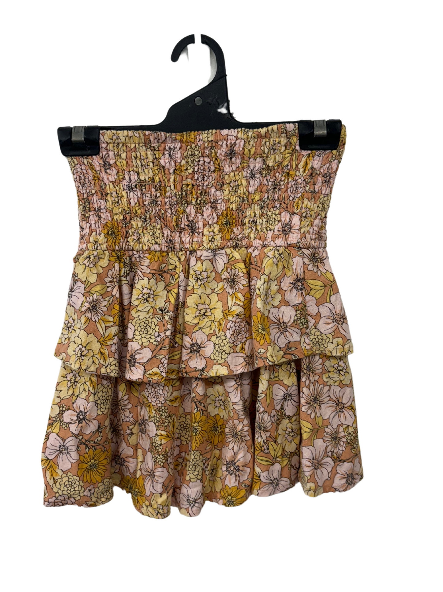 Pink & Yellow Floral Shirred Ruffle Mini Skirt