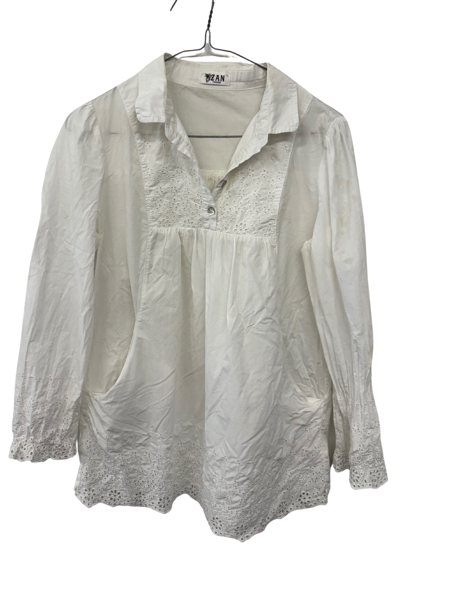 White Long Sleeve Broderie Anglaise Top with Pockets