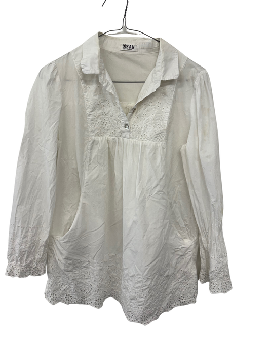 White Long Sleeve Broderie Anglaise Top with Pockets