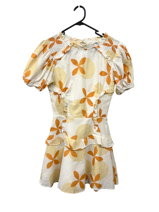 White, Beige & Orange Puff Sleeve Floral Mini Dress