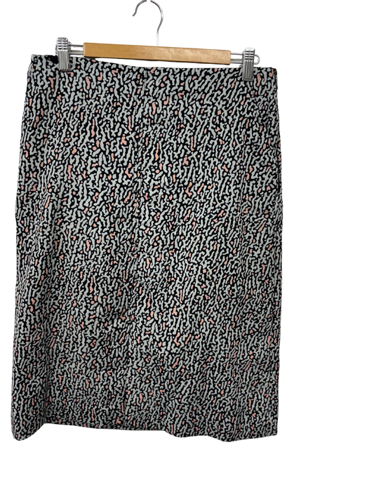Black, Light Blue, Orange Print Fitted Knee Length Skirt