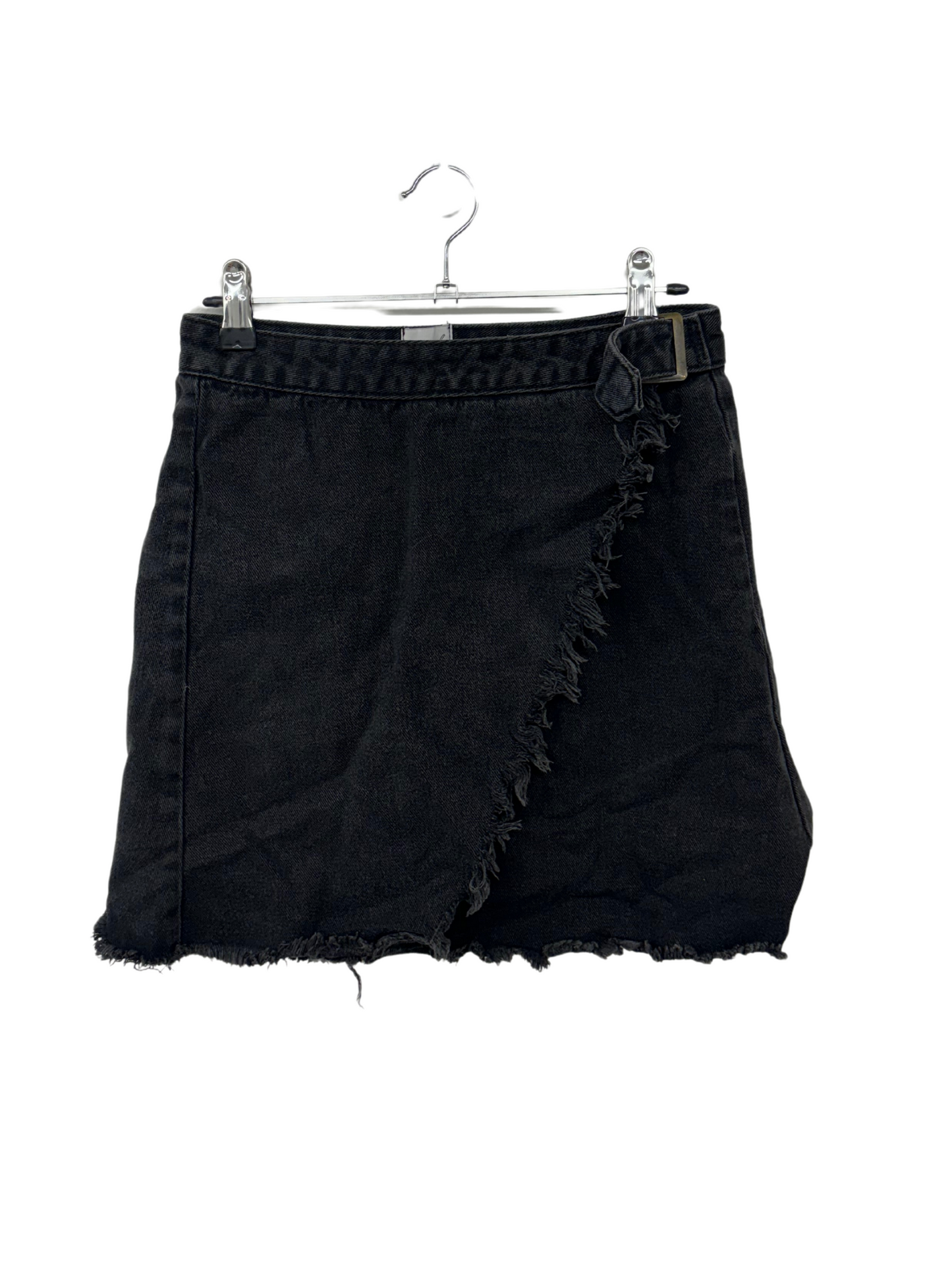 Black Raw Hem Denim Wrap Skirt