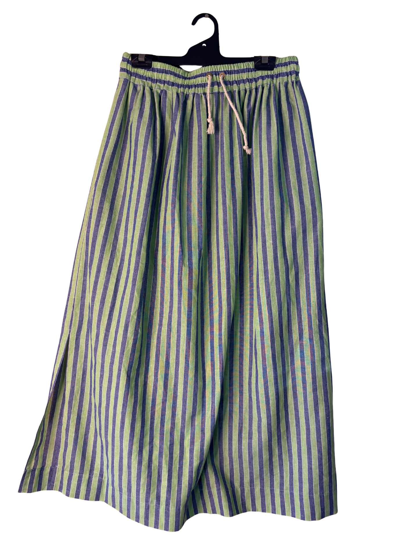 Green & Blue Striped Drawstring Midi Skirt