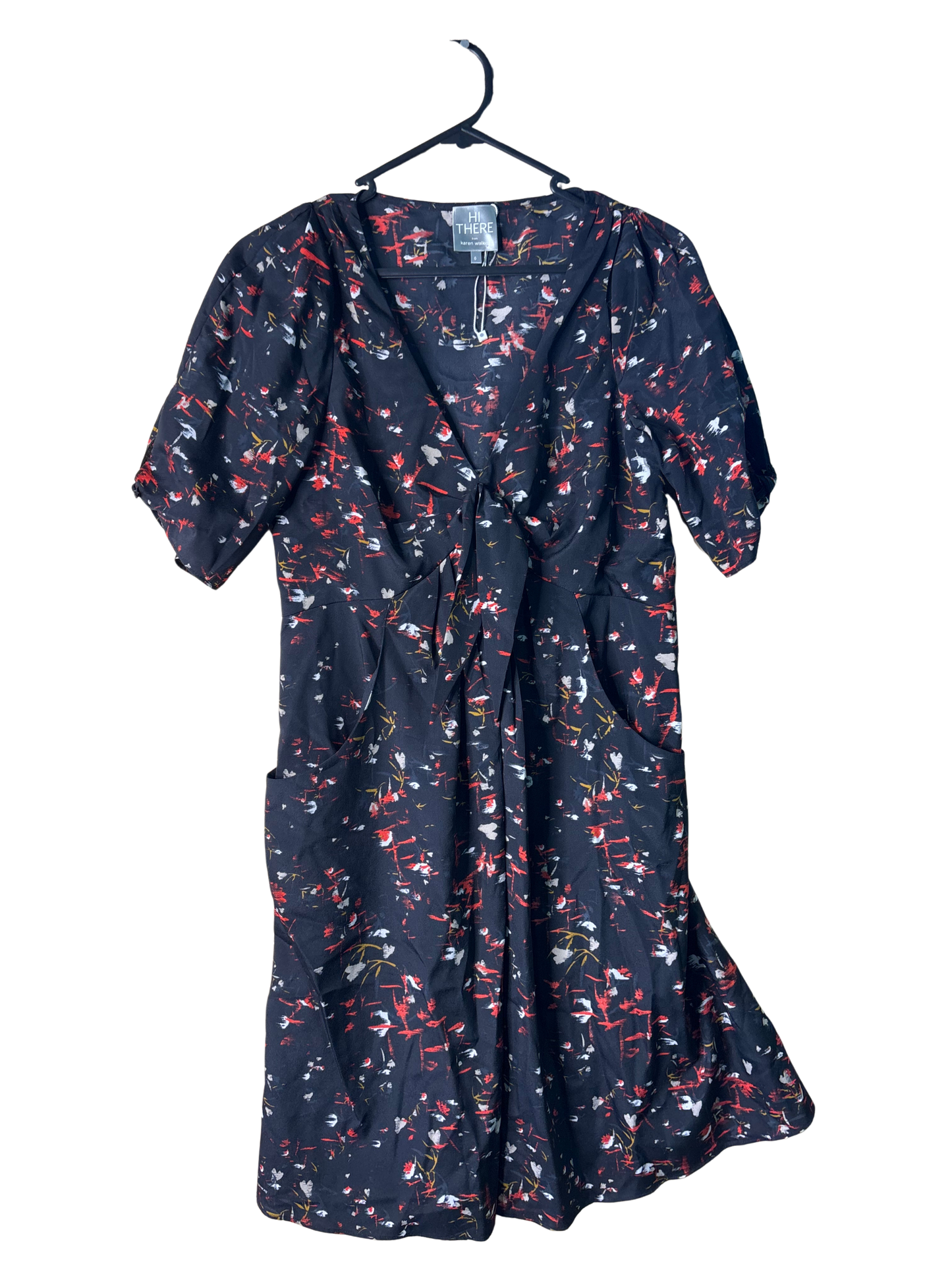 Black, Red, Cream Short Sleeve Wrap Tie Front Knee Length Dress with Pockets