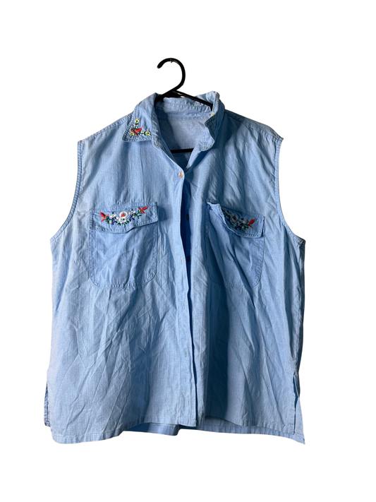 Vintage Light Blue Sleeveless Floral Embroidered Button Up Shirt