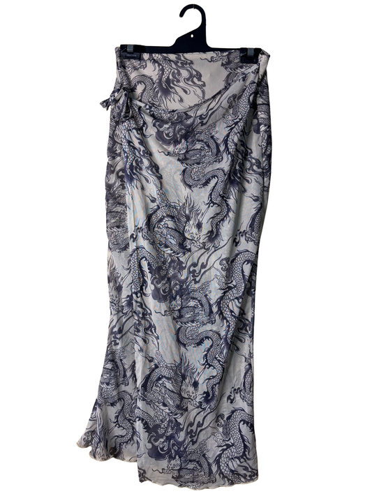 Nude & Dark Blue Tattoo Print Mesh Wrap Midi Skirt