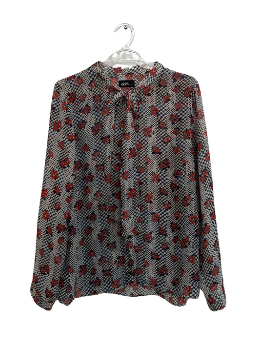 White, Red & Black Spot Floral Pattern Sheer Long Sleeve Tie Neck Top